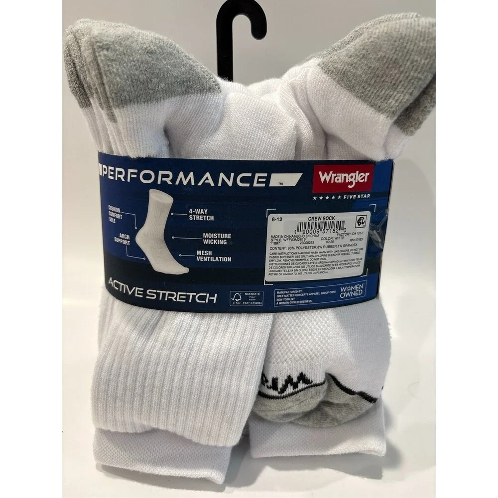 Wrangler Performance Active Stretch Crew Socks 12 Pack White Gray Men's 6-12 NWT